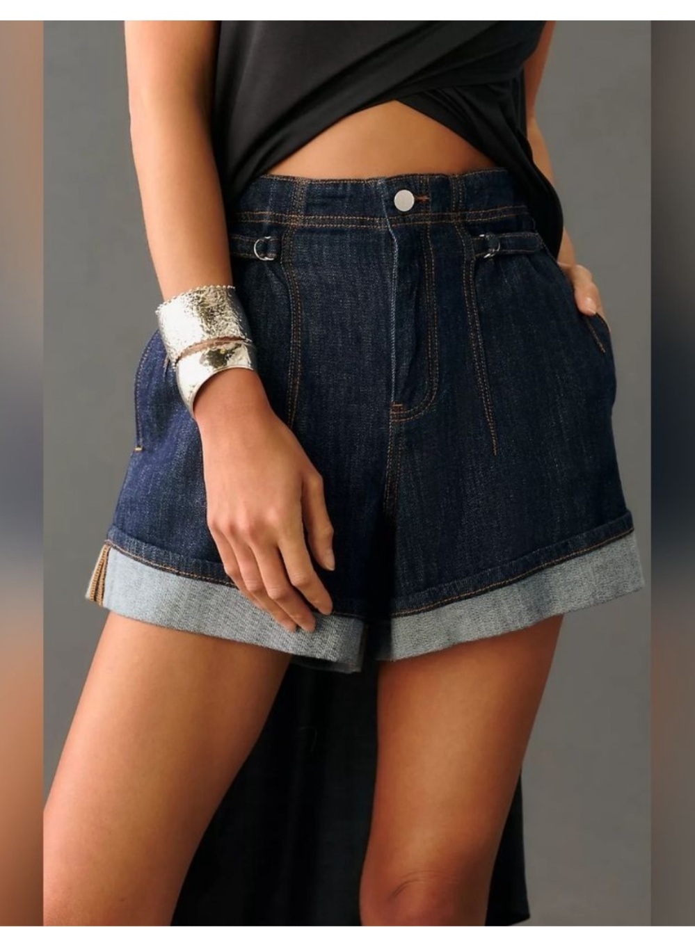 Anthropologie PILCRO Cinch-Waist Rolled-Hem Dark Denim Shorts Paperbag Size 26